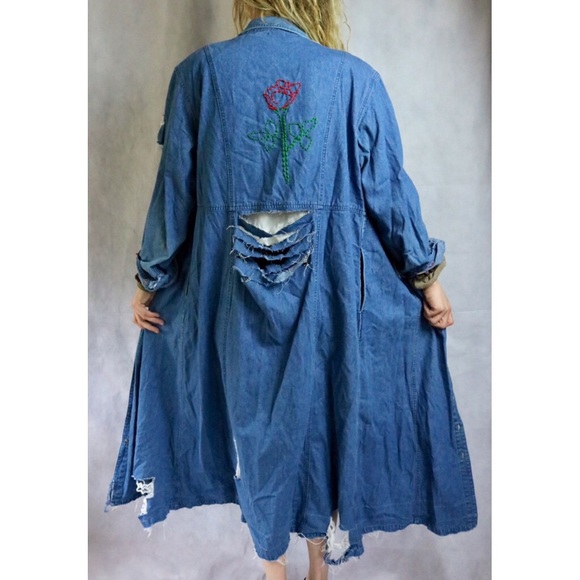 VINTAGE Long Maxi Denim Embroidery Rose Jacket - Picture 3 of 8
